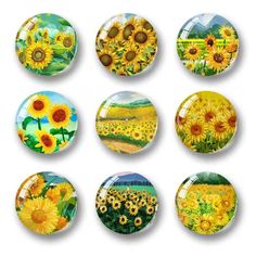 six sunflowers are painted on glass buttons