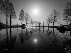 black and white photograph of trees reflecting in water with the moon rising over mountains behind them