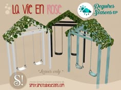 an image of a set of swings with plants growing on them and the words la vie en rose above it