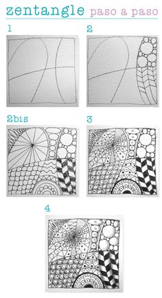 the steps to draw an abstract art piece with pencils and ink, including four different patterns