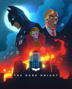 the dark knight movie poster with batman, joker and catwoman in front of city skyline