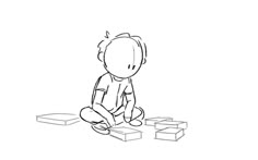 a drawing of a person sitting on the ground next to some boxes with one hand