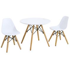 two white chairs and a table with wooden legs