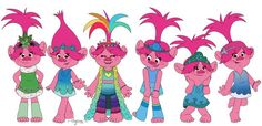 the pink troll family is standing in front of each other with their hands on their hipss