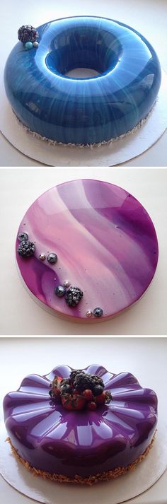 a pink and purple plate with berries on it