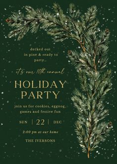 a holiday party with pine branches and snow on the ground, in front of a dark green background