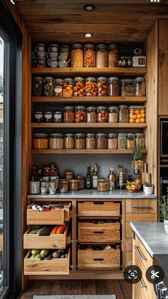 a kitchen with wooden shelves filled with lots of different types of food and spices on top of it