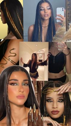 the collage shows different images of women with long hair and gold jewelry on their hands