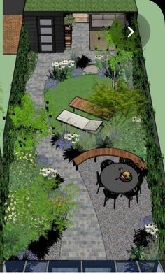 an artist's rendering of a small backyard with a fire pit and seating area