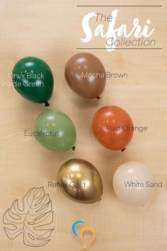 the safari collection balloons are available in multiple colors and sizes, including green, brown, white or red