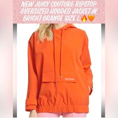 New Juicy Couture Ripstop Oversized Hooded Jacket In Bright Orange Size L Host Pick Condition Is New With Tags!! Women’s Size Large Beautiful Bright Blazing Orange Pullover Windbreaker Jacket/Hoodie Oversized, Generous Fit Measures About 28” Shoulder To Hem Measures About 26” Across Chest 87% Nylon 13% Spandex Material Is Thick But Also Stretchy, Very Nice! Embroidered Juicy Couture Logo In Light Pink On Front Pocket Flap Drawstring For Athletic Fun Look Machine Was Extremely Gentle, Cold, Low, Grey Nike Sneakers, Oversized Hooded Jacket, Chambray Jacket, Sheer Jacket, Juicy Couture Jacket, Velvet Hoodie, Velour Hoodie, Tracksuit Jacket, Pullover Windbreaker