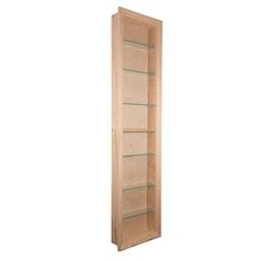 an empty wooden cabinet with glass shelves