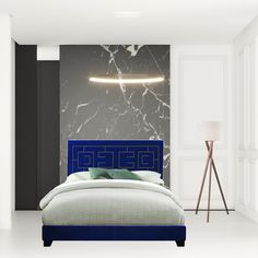 a modern bedroom with marble walls and blue headboard, along with a floor lamp