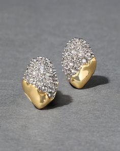 These petite pebble stud earrings offer high shine from milgrain pavé crystals dripping with molten 14k gold plated metalwork. Wear as a single stud or layer on a stacked ear. Alexis Bittar Earrings, Crystal Mobile, Gold Chandelier Earrings, Crystal Chandelier Earrings, Crystal Hoop Earrings, Spiral Earrings, Stacked Bangles, Tiny Earrings, Earrings In Gold