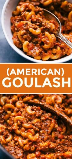 an image of american goulash in a bowl with the title overlay above it