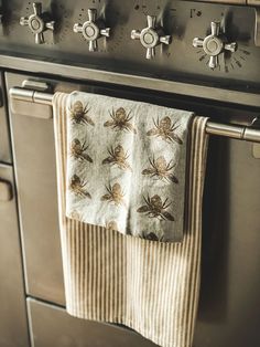 a kitchen towel hanging on the oven door knobs and an old fashioned stove with four burners