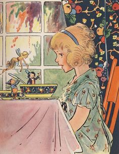 Johnny Gruelle illustrator. From the Bam Bam Clock by J.P. McEvoy. The fairies teach Dorothy Mary to get up on time for breakfast. @Piroska K Beke @ElinorNestler J P, The Window, On Time, Get Up, A Table, Illustrator, Clock