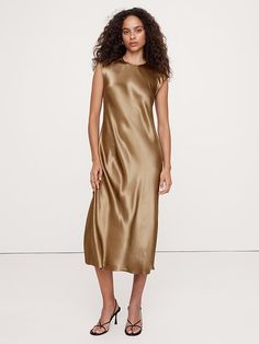 Bias-Cut Satin Midi Dress | Banana Republic Sleek Formal Dress With Subtle Sheen, Silk Evening Dresses With Subtle Sheen, Gold Satin Midi Dress For Night Out, Chic Gold Silk Midi Dress, Sleek Bias Cut Modal Satin Dresses, Sleeveless Silk Slip Dress With Subtle Sheen, Spring Bias Cut Modal Satin Dress, Elegant Sleeveless Fluid Dress, Sleek Silk Dress With Subtle Sheen