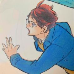 a drawing of a man wearing glasses and a blue jacket with his hands in the air