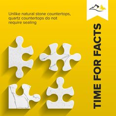 four pieces of white marble puzzle on a yellow background with the words time for fact