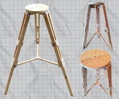 three wooden stools with different designs on them