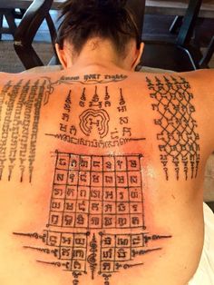 the back of a man's upper body with many symbols and numbers on it