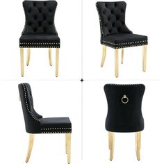 four different views of a black chair with gold legs and studded trimmings