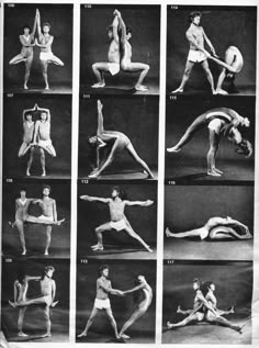 an old black and white photo of people doing different yoga poses, from the early 1900's