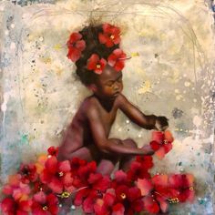 a painting of a woman with flowers in her hair sitting on top of red flowers