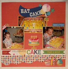 a scrapbook page with pictures of children at a cake table and the words eat cake written on it