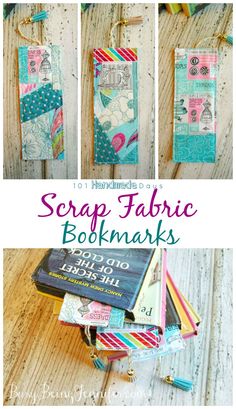 scrap fabric bookmarks are stacked on top of each other with the words scrap fabric