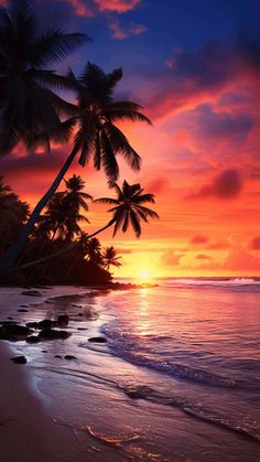 the sun is setting on an ocean beach with palm trees