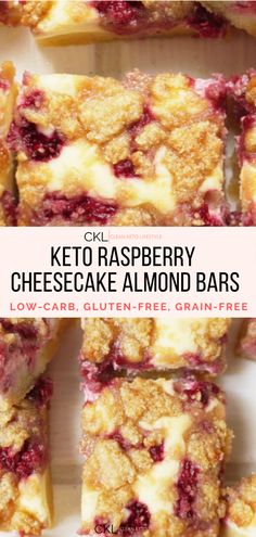 keto raspberry cheesecake almond bars stacked on top of each other with text overlay