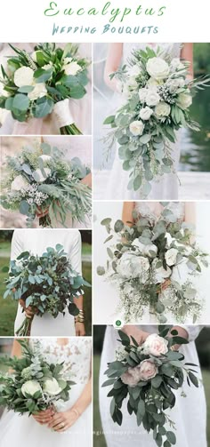 wedding bouquets with white flowers and greenery for the bride's bouquet, including eucalyptus