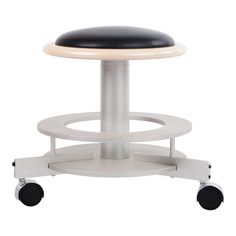 a stool with wheels and a black seat on it's backrest, sitting in front of a white background