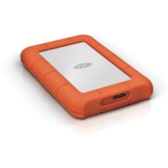 an orange hard drive case sitting on top of a white surface