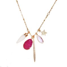 Gold Tone Pink Druzy Star Crystal Healing Stone Charm Necklace Gold Tone, Adjustable Slider Necklace. Glass And Genuine Stone Accents. Makes A Great Present Or Gift For That Special Someone You Love. Necklace Is Adjustable From 18"-36" Retails For $49.99 Don't Miss Out! A Collection Of Spiritual Healing -Themed Charms Decorate This Fabulously Long Necklace. Stonegemrocks #Starnecklace #Druzy #Stone #Agate #Bohemian #Gemstone Rhinestones Purple Gift Bohemian Long Sweaternecklace Stylish Agate Sto Pink Necklace With Adjustable Chain, Pink Dangle Charm Necklace With Adjustable Chain, Pink Star-shaped Jewelry For Party, Trendy Pink Star-shaped Jewelry, Pink Dangle Charm Necklaces, Trendy Pink Jewelry With Star Charm, Trendy Pink Necklace With Star Charm, Pink Star Charm Jewelry, Slider Necklace