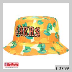 an orange bucket hat with the word'94ers on it and leaves all over it