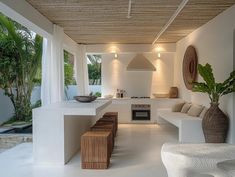 an open kitchen and living room area with white walls, floor to ceiling windows, and large potted plants