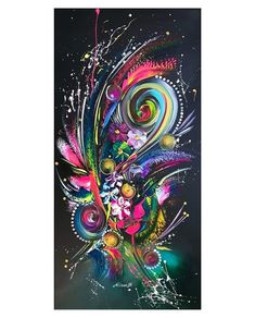 an abstract painting with colorful swirls and bubbles on black background, framed in white frame