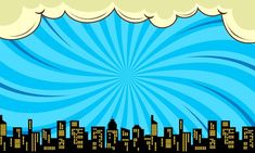 an abstract cityscape with blue and yellow swirls in the sky, as well as clouds