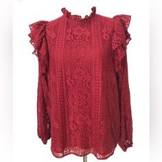 This Beautiful Entro Blouse In Cranberry Salsa Color Is A Must-Have Addition To Your Wardrobe. The High Neck And Button Closure Make It Perfect For Any Occasion, Whether It's A Party, Work, Or Casual Wear. The Lace Fabric With Ruffle Details Adds A Touch Of Elegance To The Blouse. The Blouse Is Available In Size Small And Is Suitable For Women Who Love Colorful Themes. Semi Sheer Sleeves With Elastic Cuffs Keyhole Neckline Lined Length: 25” Pit To Pit: 20” New With Tags (29) Red Ruffled Feminine Tops, Red Feminine Ruffled Tops, Red Feminine Ruffle Top, Feminine Red Ruffled Tops, Red Ruffled Tops For Brunch, Red Ruffle Tops For Brunch, Chic Red Blouse With Ruffles, Chic Red Blouse For Brunch, Red Blouse For Fall Brunch