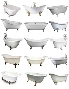 an assortment of bathtubs are shown in various styles and colors, including white