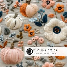 an image of pumpkins, flowers and leaves on a tablecloth with the words sequina designs