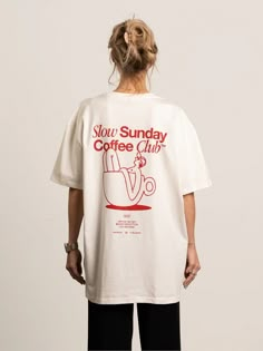 Slow Sunday Coffee Club T-Shirt – AnotherCottonLab Tshirt With Back Print, Shirt Prints Aesthetic, White Tee Design, Back Graphic Tee, Tshirt Design Trends, T-shirt Prints, Oversized T-shirt, Tshirt Back Design, Creative Shirt Design