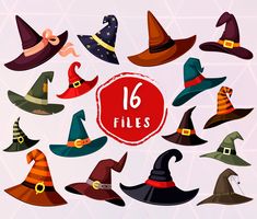 a bunch of witches hats with the words 16 files in red and orange on them