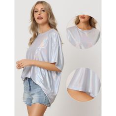 This top is made up of several design points: holographic top, shiny metallic fabric, round neck, and short sleeve. It will make you shine like the moon. It is suitable for summer/autumn and for many occasions, such as parties, clubs, night-out, music festivals, rave outfits, and concerts and you can also use it for cosplay costumes. Disco Shimmer Tops For Spring, Spring Disco Shimmer Tops, Metallic Shiny Disco Top, Trendy Shiny Summer Tops, Short Sleeve Shimmer Tops For Summer, Spring Disco Shiny Tops, Shiny Disco Tops For Summer, Metallic Shimmer Disco Top, Metallic Shimmer Top For Disco