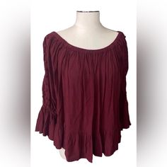 Loft Wine Off The Shoulder Peasant Blouse Price Is Firm New With Tags Can Be Worn On Or Off The Shoulder Women’s Size Medium - Mannequin Is A Women’s Size Small Ruffle Bell Sleeve Button Detailing On Arms Ruffle Hem Fall Rayon Peasant Top, Bohemian Rayon Top With Ruffles, Bohemian Rayon Tops With Ruffles, Bohemian Ruffle Top In Rayon, Fall Peasant Tops In Rayon, Fall Peasant Style Rayon Tops, Peasant Style Rayon Tops For Fall, Bohemian Burgundy Tops For Spring, Bohemian Burgundy Top For Spring