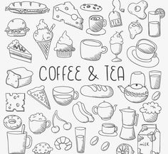 coffee and tea hand drawn doodles on white paper with the words coffee and tea