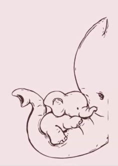 a drawing of an elephant holding its baby in it's trunk, with the tail curled up